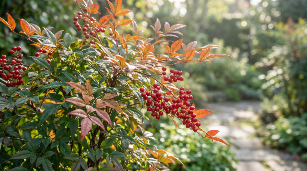 Nandina domestica avec des feuilles orangées et des grappes de baies rouges lumineuses dans un jardin ensoleillé.