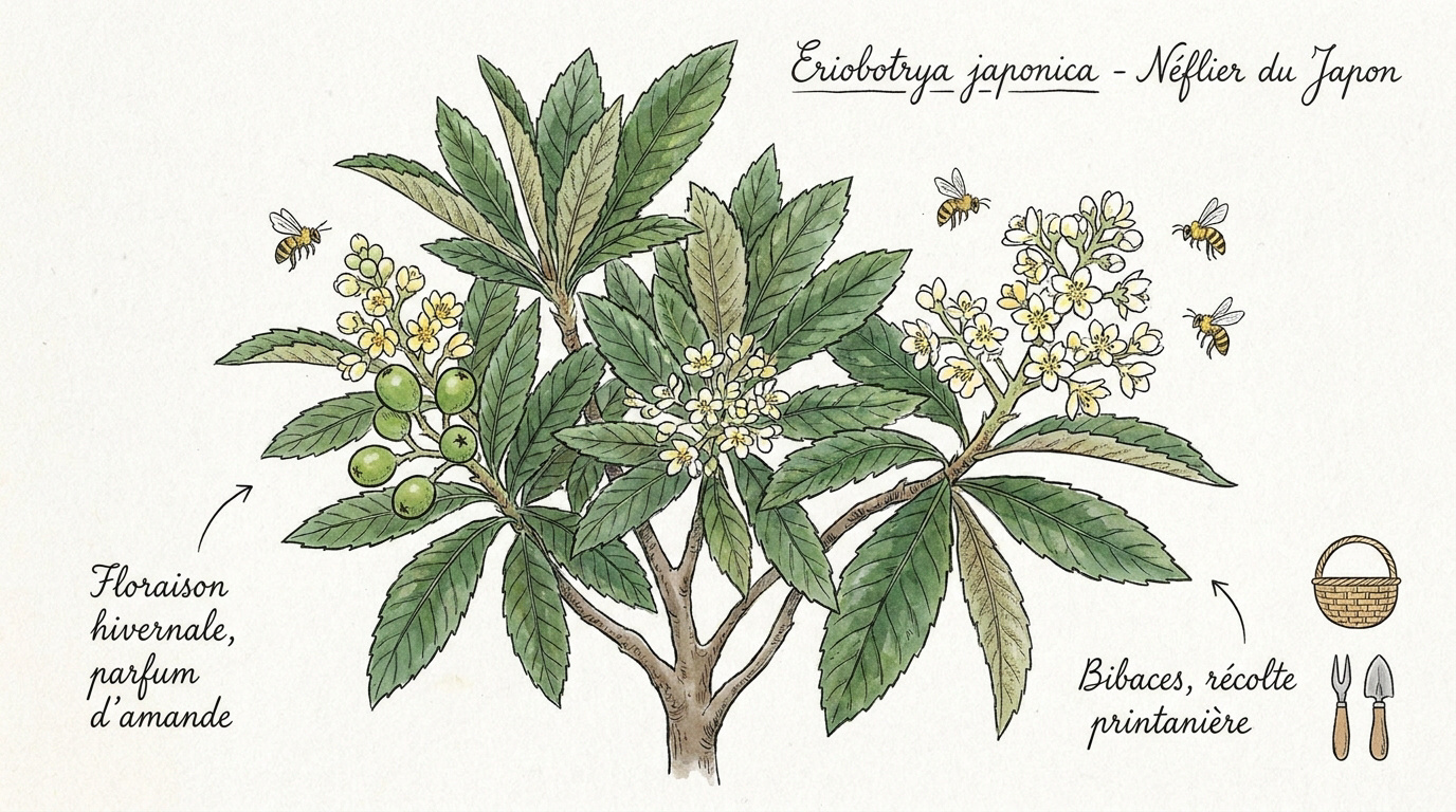 Illustration du néflier du Japon avec ses feuilles et ses fruits