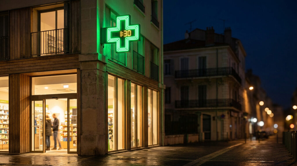 Pharmacie de garde à Marseille : vos urgences d’août 2026 Une pharmacie moderne ouverte en pleine nuit avec une croix verte lumineuse affichant 01:30 à Marseille.