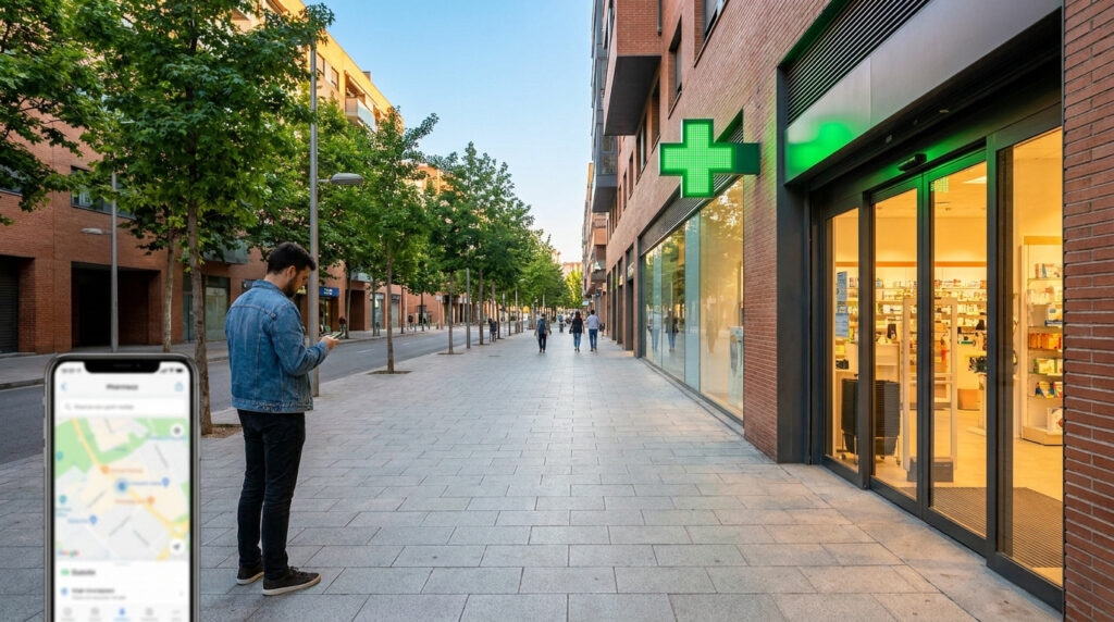 Un homme regarde son smartphone devant une pharmacie pour trouver une officine ouverte.