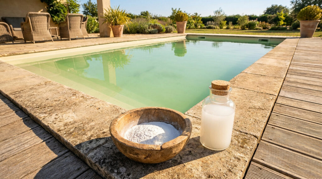 Bol de bicarbonate et flacon d'eau posés au bord d'une piscine dont l'eau est devenue verte.