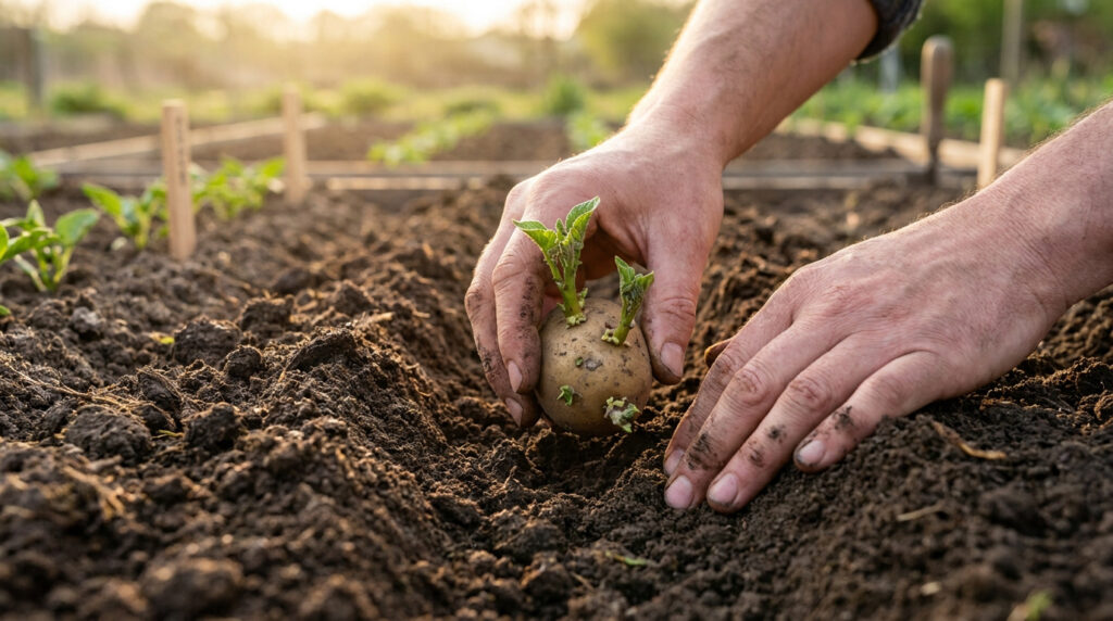 Gros plan sur les mains d'un jardinier plantant une pomme de terre germée dans un sillon de terre fraîche.