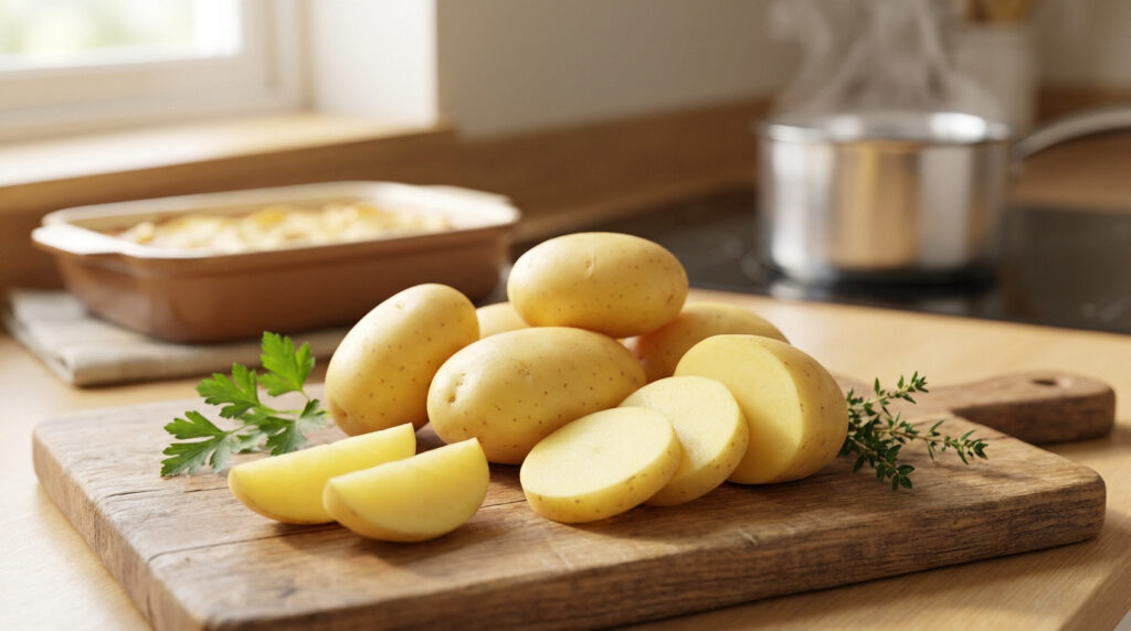 La pomme de terre Agata : le secret pour réussir vos plats Pommes de terre Agata fraîches tranchées sur une planche à découper en bois dans une cuisine.