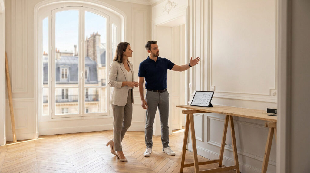 Une cliente et un professionnel discutent d'un projet de rénovation dans un appartement parisien lumineux avec parquet.
