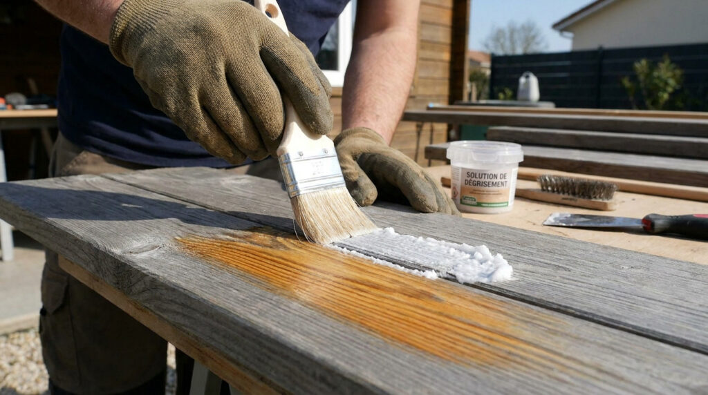 Une personne applique une solution de dégrisage sur une planche en bois vieillie à l'aide d'un pinceau.