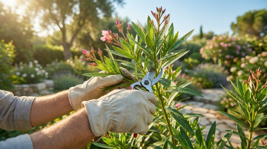 Gros plan sur des mains gantées taillant un laurier rose avec un sécateur dans un jardin ensoleillé.