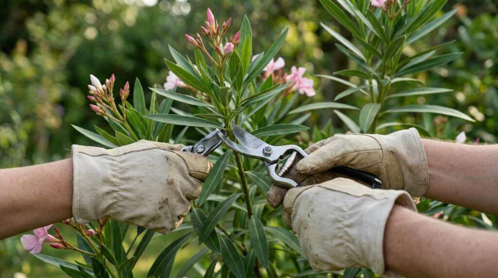 Bien réussir la taille du laurier rose pour sa floraison Mains avec gants de jardinage taillant un laurier-rose avec un sécateur.