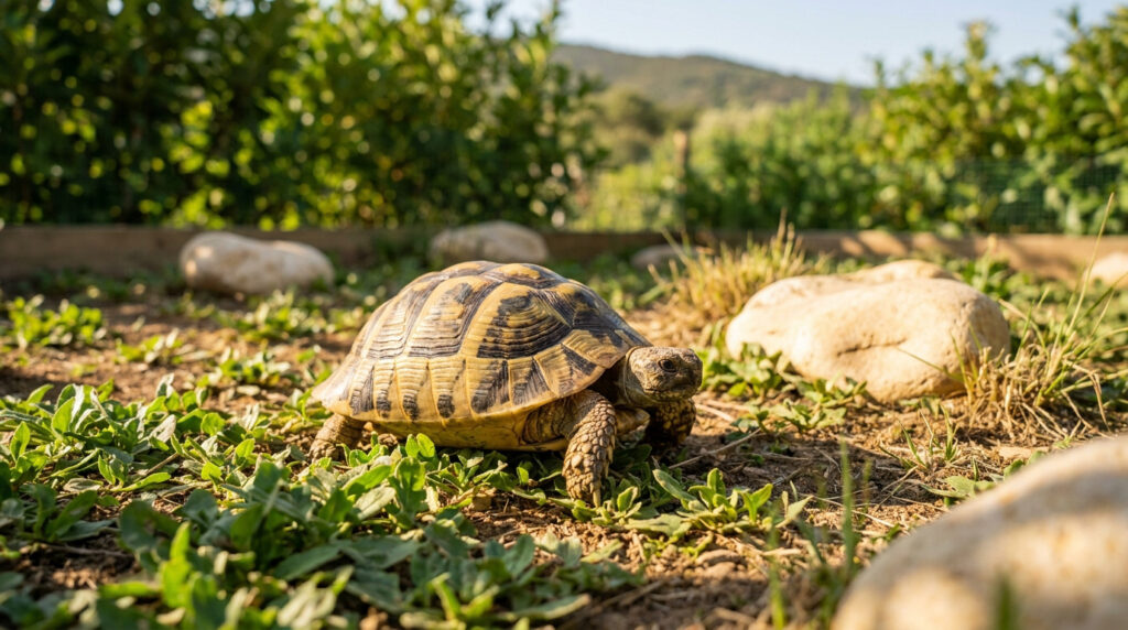 Une tortue d'Hermann marchant sur un sol terreux parsemé d'herbes et de rochers dans un enclos ensoleillé.