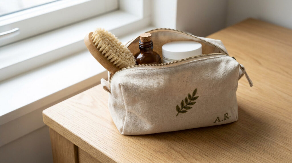 Trousse de toilette en toile beige brodée, posée sur une table en bois près d'une fenêtre, contenant des soins naturels.