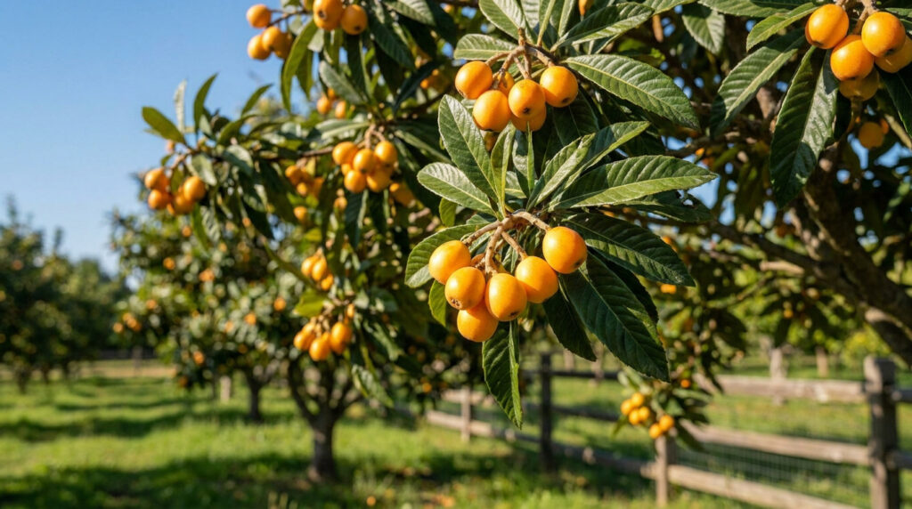 Grappes de nèfles du Japon dorées et mûres suspendues aux branches d'un arbre dans un verger ensoleillé.