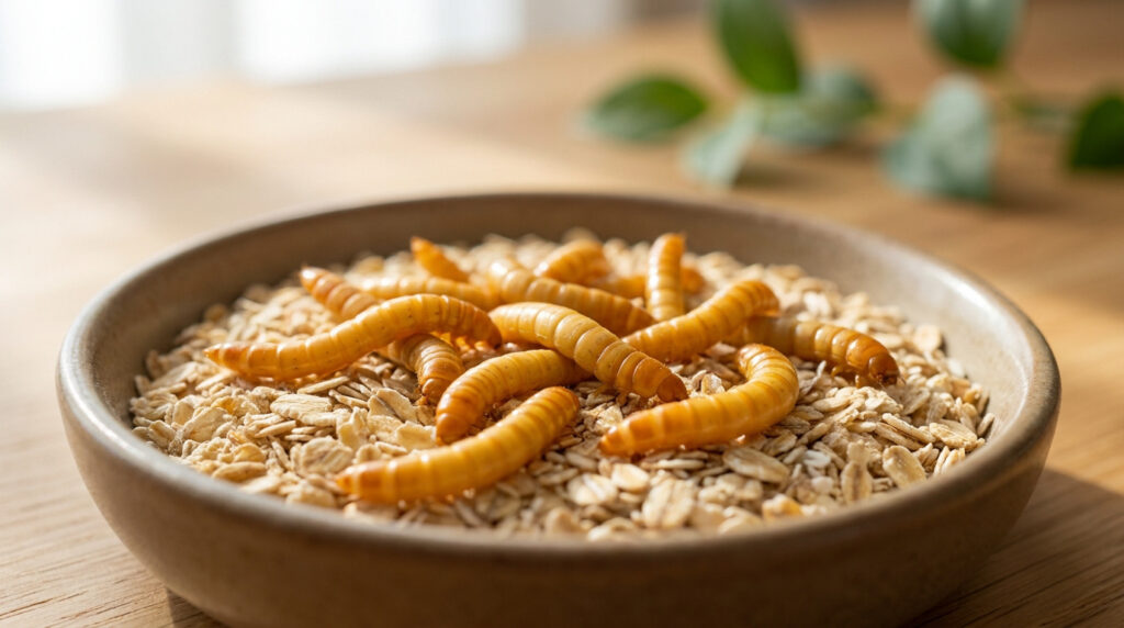 Gros plan sur un bol rempli de flocons d'avoine et de plusieurs vers de farine dorés sur une table en bois.