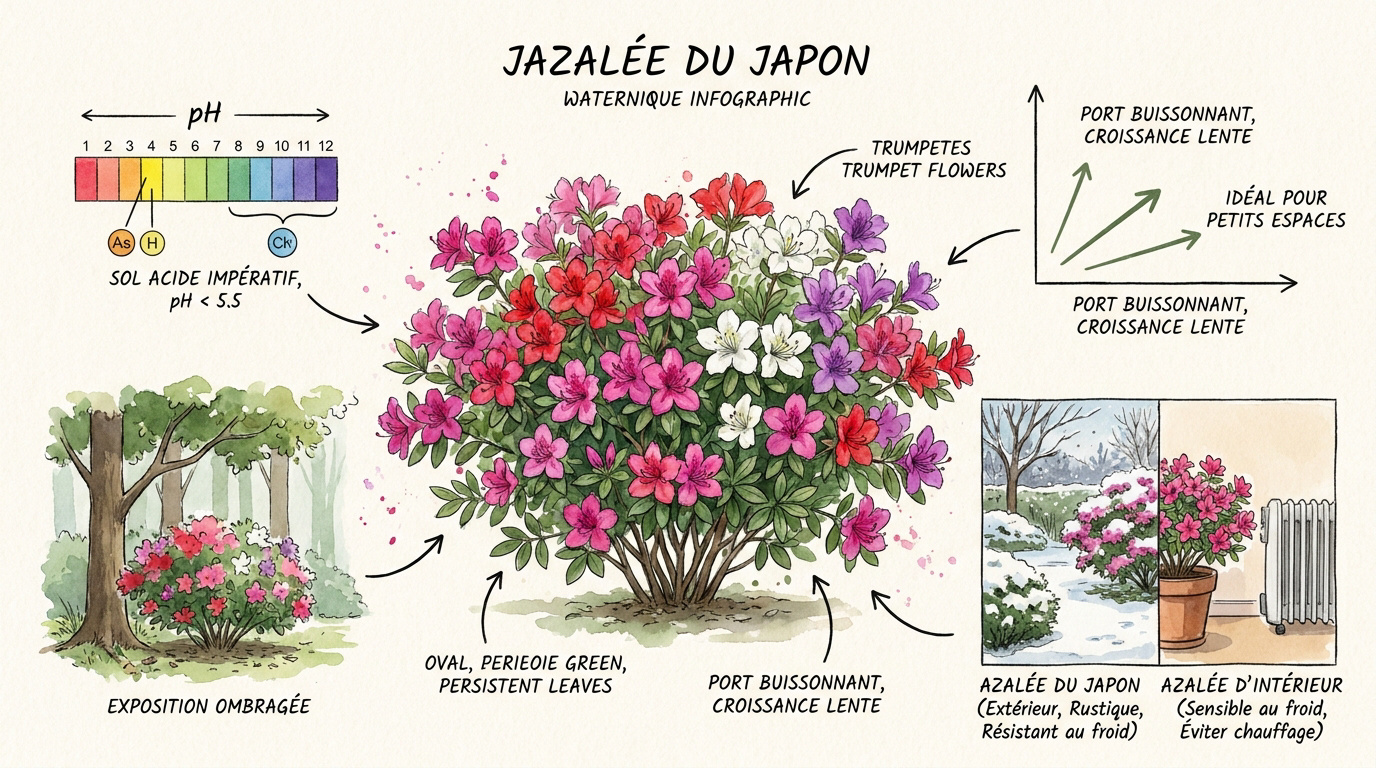 Infographie botanique de l'azalée du Japon