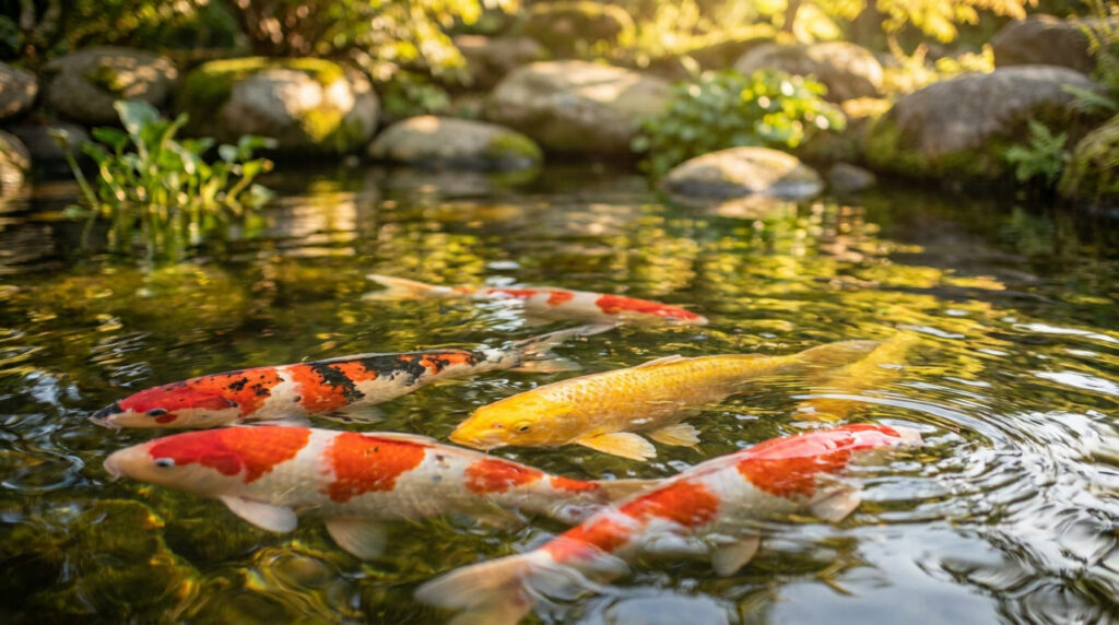Plusieurs carpes koi colorées nagent dans un bassin de jardin entouré de rochers et de végétation.