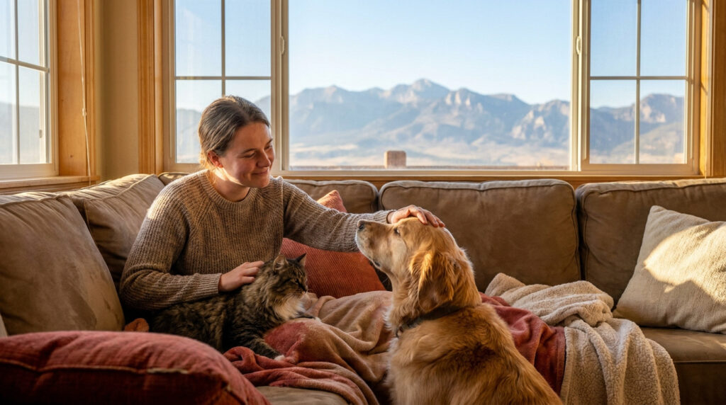 Une femme caresse un chien et un chat sur un canapé face à une vue montagneuse.
