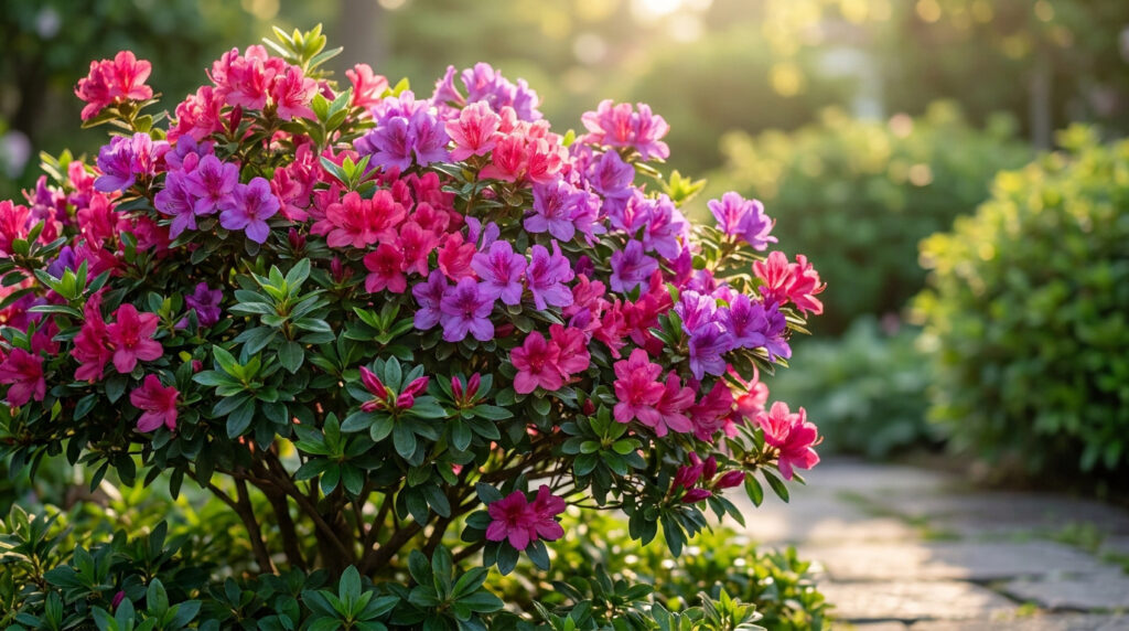Réussir la culture de votre azalée du Japon : nos conseils Un buisson d'azalée du Japon couvert de fleurs roses et violettes éclatantes sous la lumière du soleil.