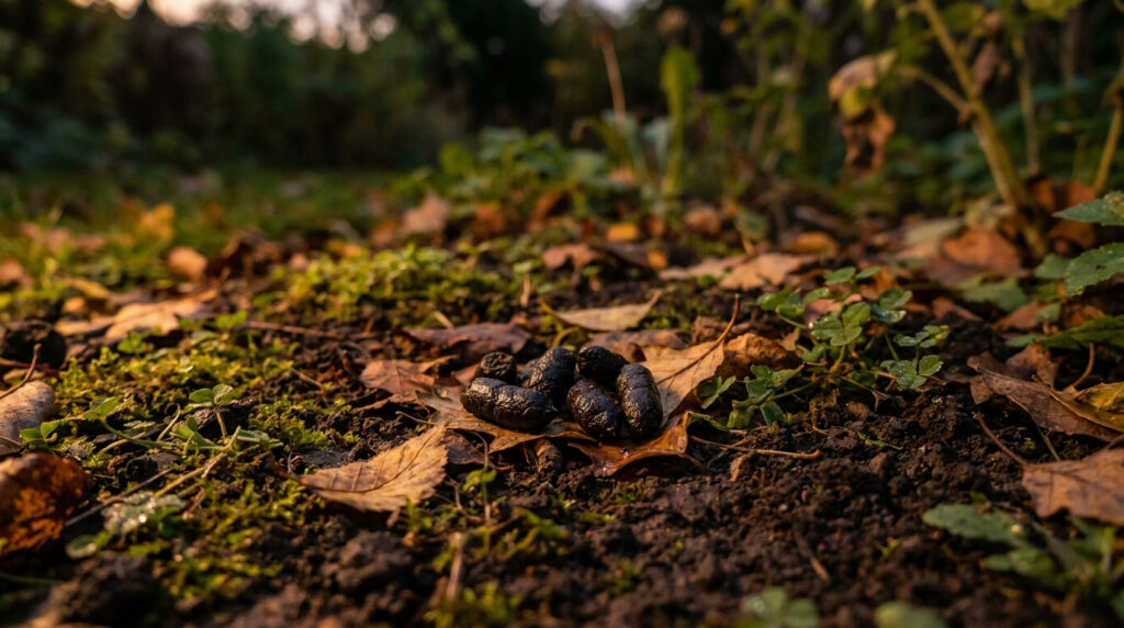 Excréments de hérisson sombres et cylindriques posés sur une feuille morte au milieu d'un sol de jardin.