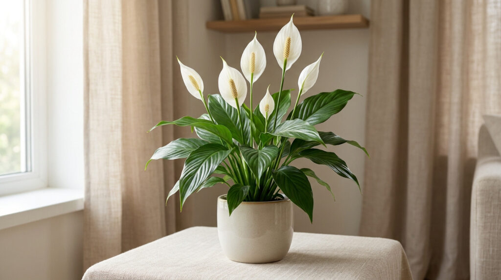 Un Spathiphyllum en pot sur une table près d'une fenêtre lumineuse dans une décoration d'intérieur épurée.