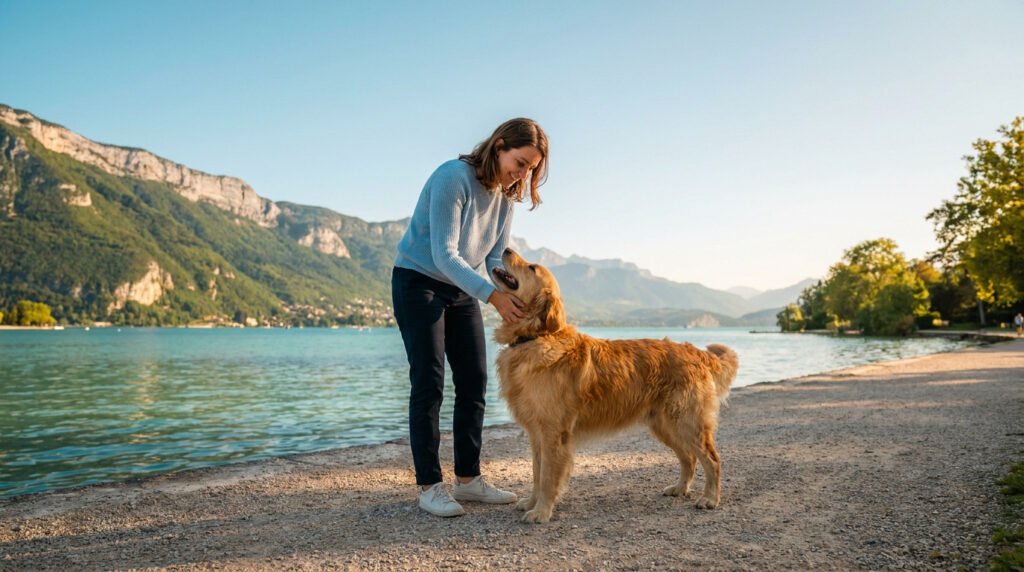 Une femme caresse son Golden Retriever sur le bord du lac d'Annecy avec les montagnes en arrière-plan.
