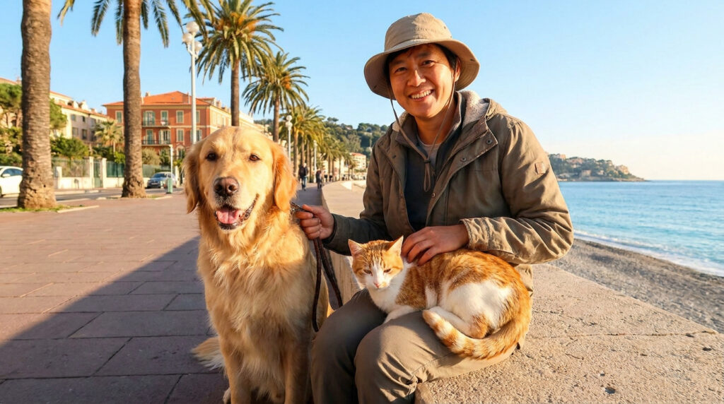 Quelle garde d’animaux à Nice choisir pour votre animal ? Une personne souriante assise sur la promenade des Anglais à Nice avec un golden retriever et un chat roux sur ses genoux.