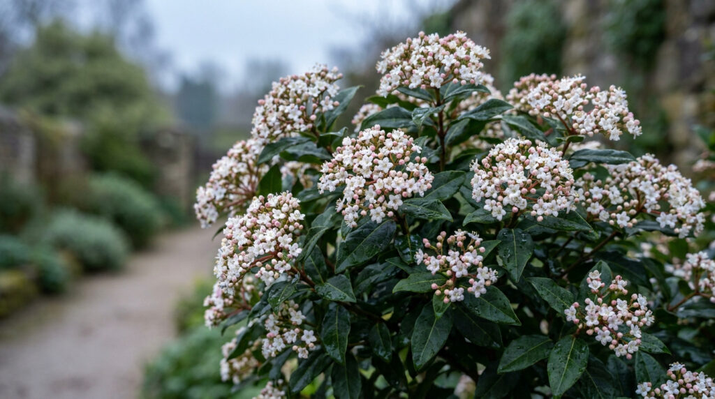 Laurier tin : le guide pour une floraison hivernale réussie Fleurs blanches et roses d'un arbuste laurier tin en hiver avec un jardin en arrière-plan flou.