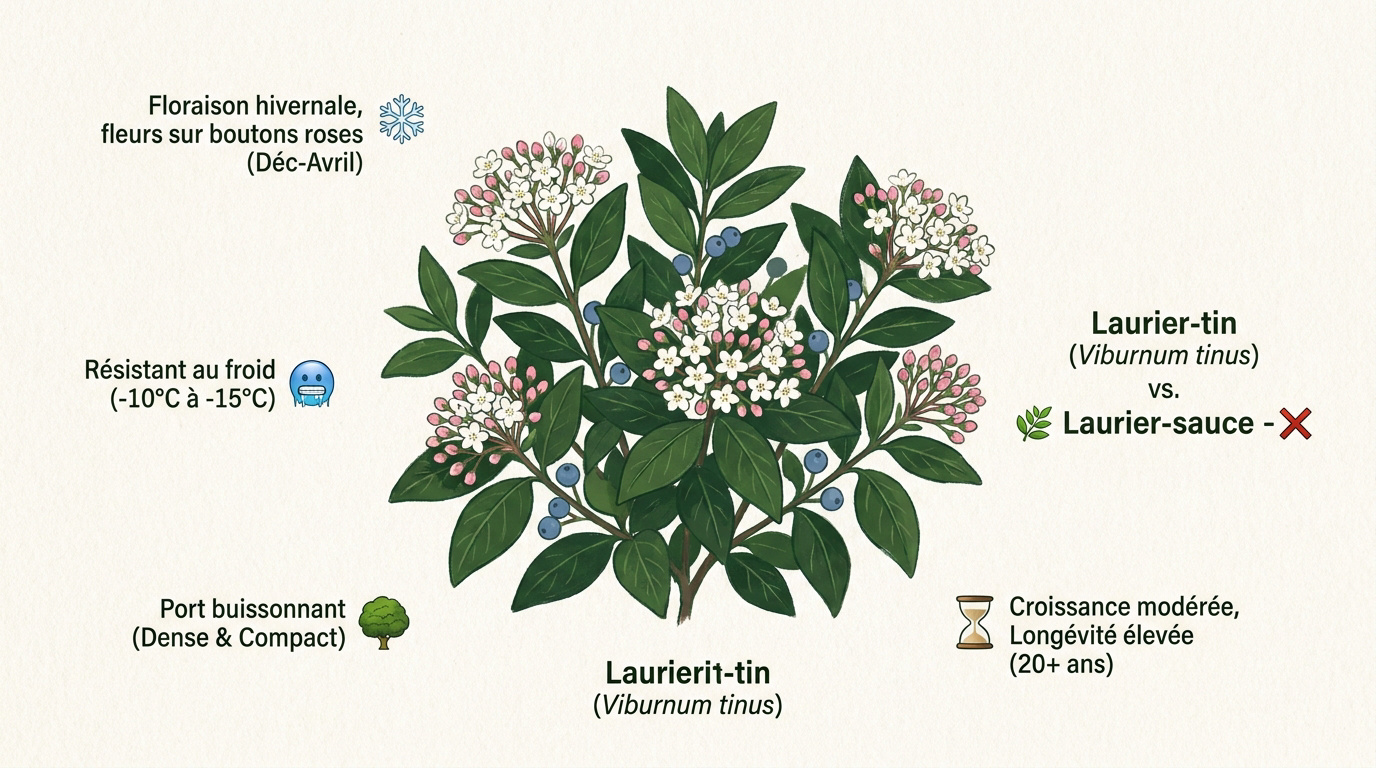 Laurier-tin en fleurs blanches et boutons roses dans un jardin