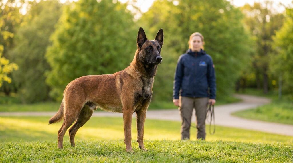 Un berger belge malinois debout dans un parc avec son maître en arrière-plan sous une lumière dorée.