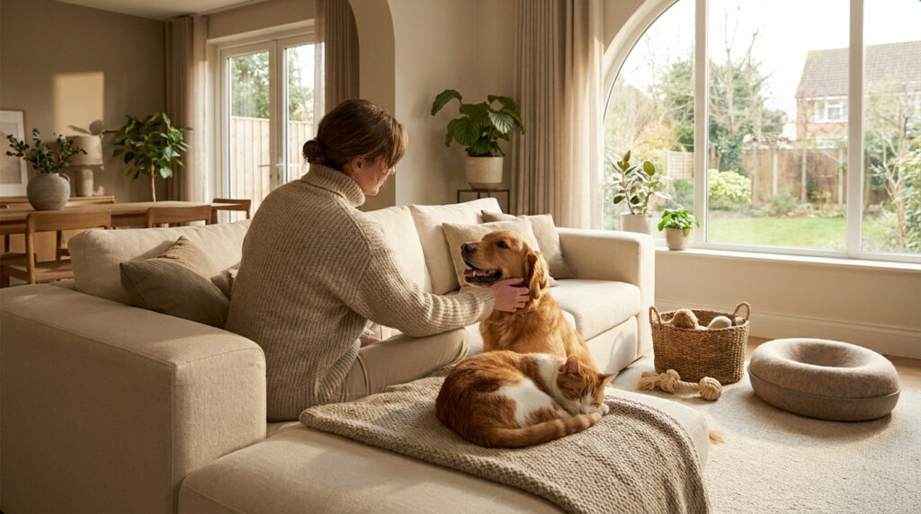Une femme caressant un chien doré sur un canapé beige avec un chat endormi, dans un salon lumineux et chaleureux.