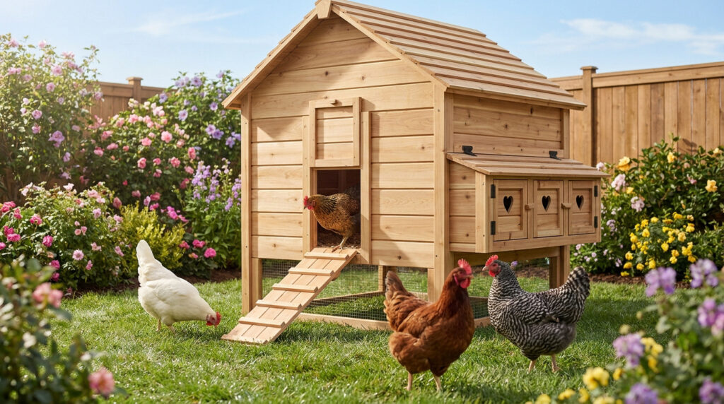 Poulailler en bois élégant dans un jardin fleuri avec quatre poules qui se promènent.