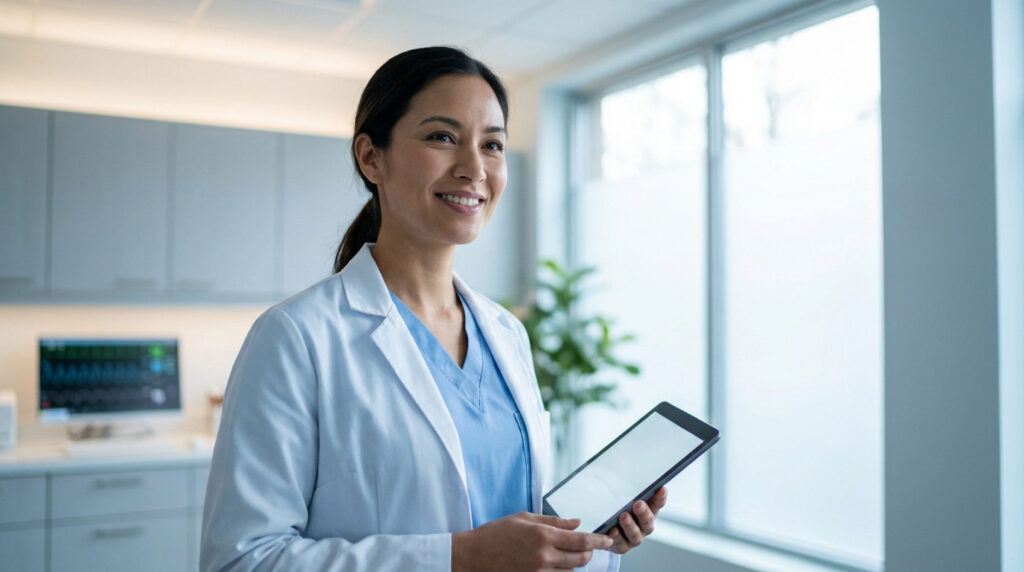 Une femme médecin souriante en blouse blanche tient une tablette numérique dans un cabinet médical moderne.