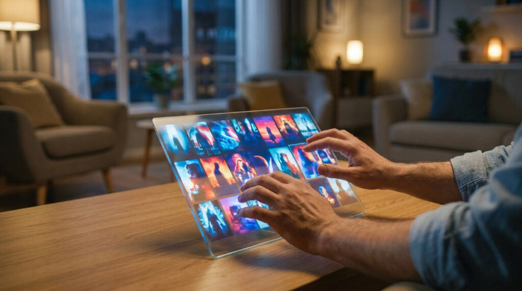 Personne utilisant une tablette tactile transparente pour parcourir une bibliothèque de films dans un salon confortable.