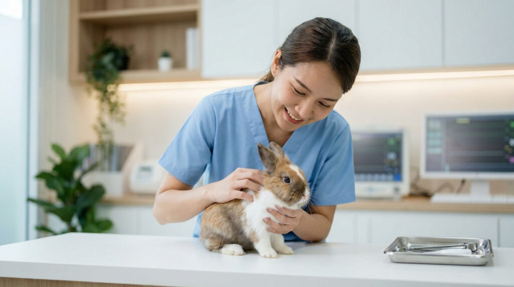 Vétérinaire à Château-Gombert : soins et urgences de vos animaux Une vétérinaire en blouse bleue caressant doucement un lapin sur une table d'examen dans un cabinet médical.